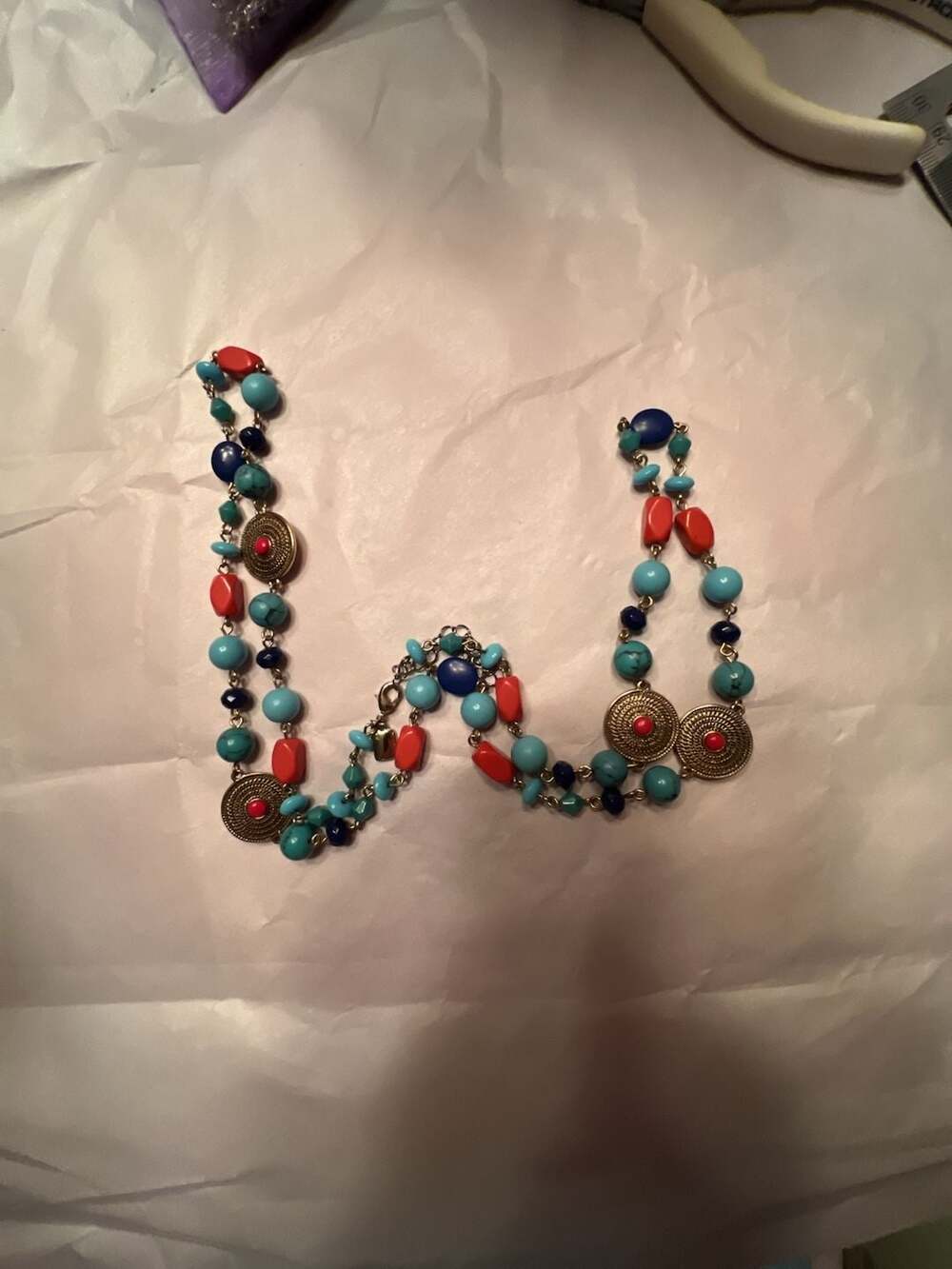 Chaps Southwestern Beaded Necklace Turquoise Orange Blue Coins